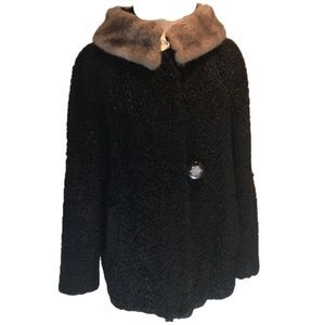 “PERSIAN LAMB” Vintage Black Vintage Button Jacket with Faux Fur Collar.